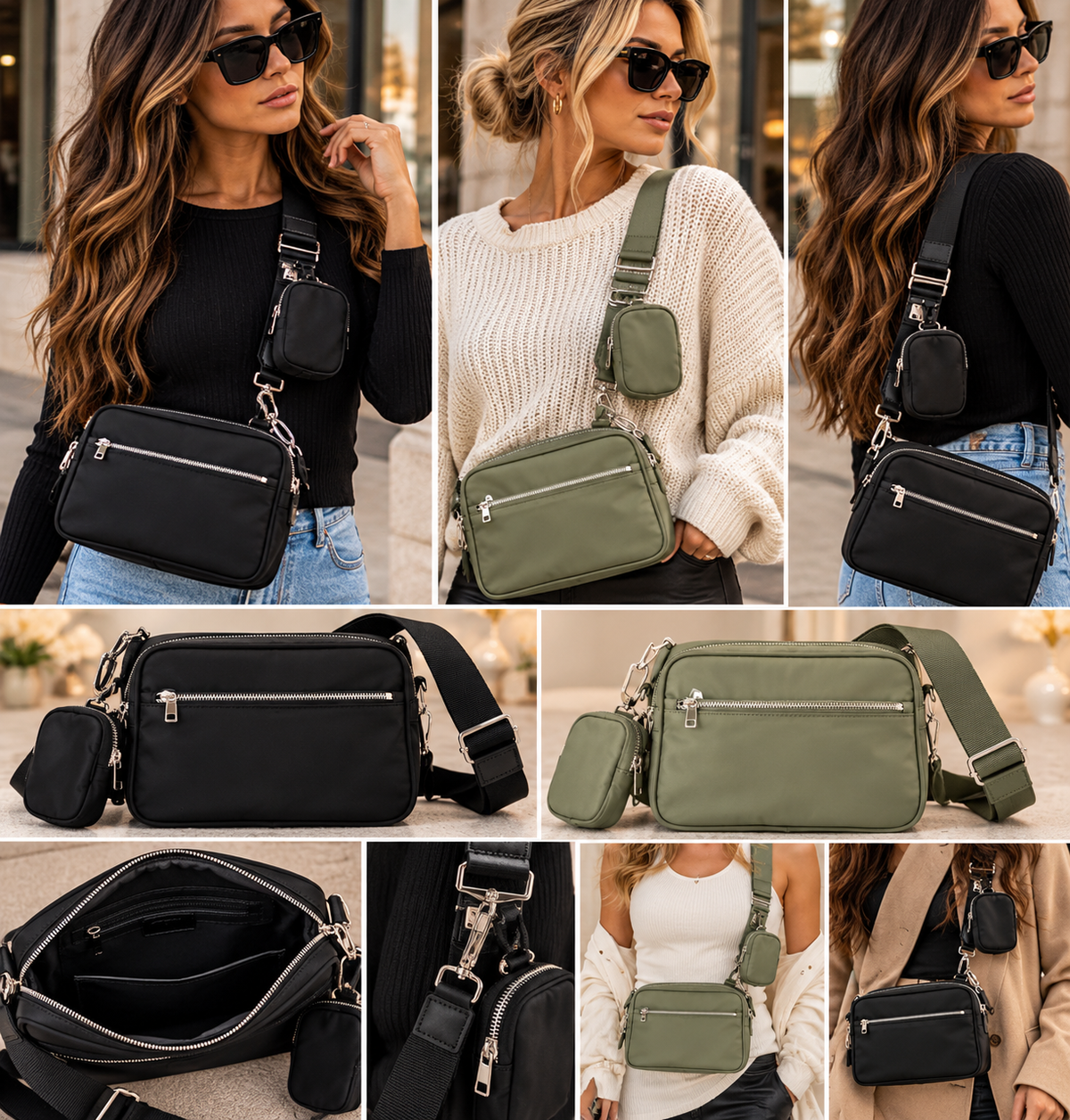Nylon Crossbody Bag with Mini Pouch