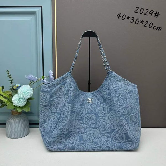 Women's Oversized Floral Denim Hobo Shoulder Bag with Chain Strap – Blue