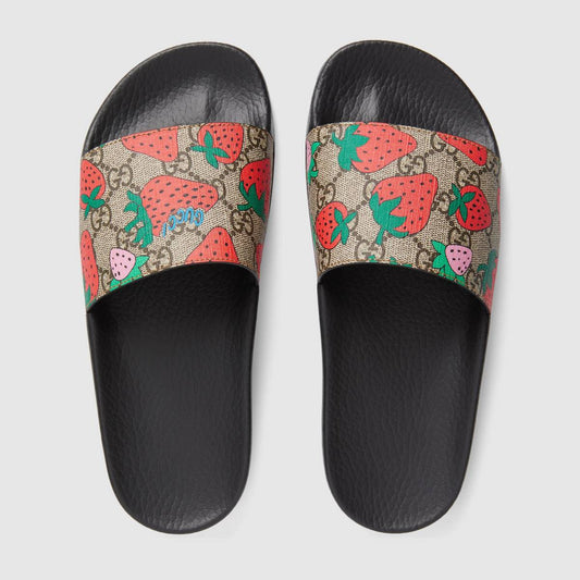GG Monogram Floral & Strawberry Slide Sandals