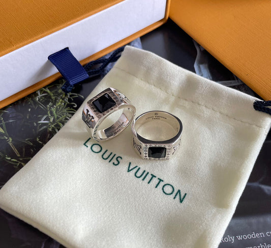 Men's Silver-Tone Engraved Square Black Stone Statement Ring