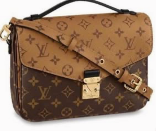 Two-Tone Monogram Satchel Crossbody Bag – Tan & Brown with Gold-Tone Clasp