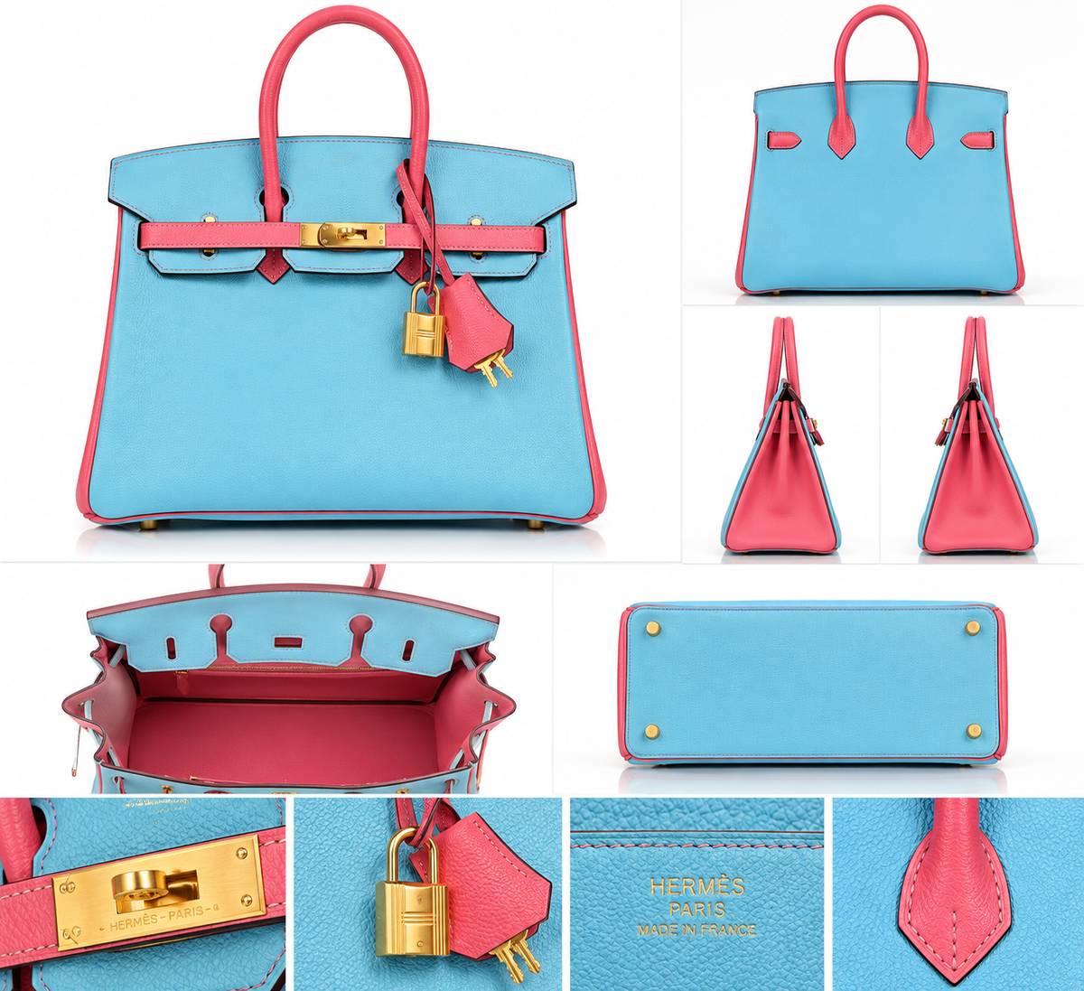 Celeste Blue & Rose Pink Leather Top Handle Satchel Bag with Gold Hardware