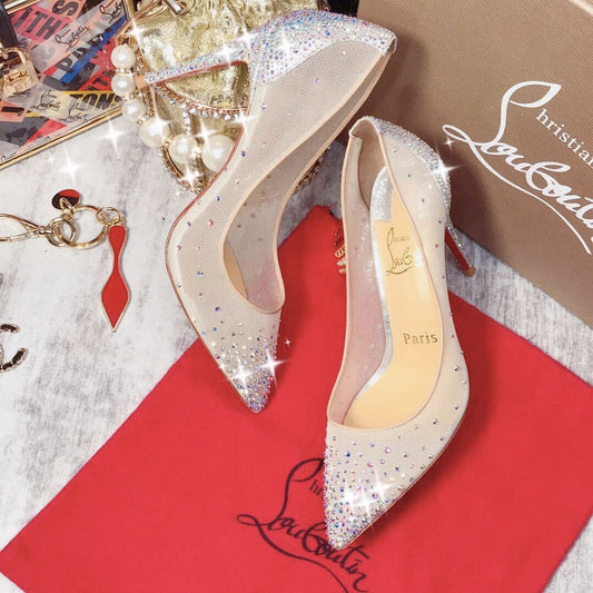 Crystal Embellished Nude Mesh Pointed-Toe Stiletto Heels