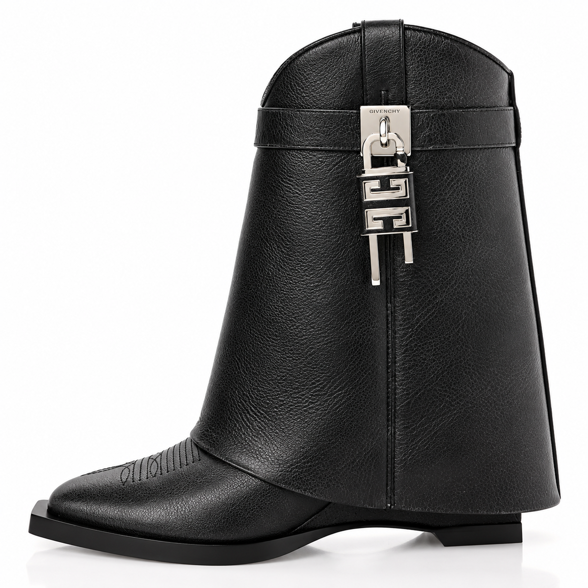 Black Leather Knee-High Western Boots – Silver-Tone Statement Hardware