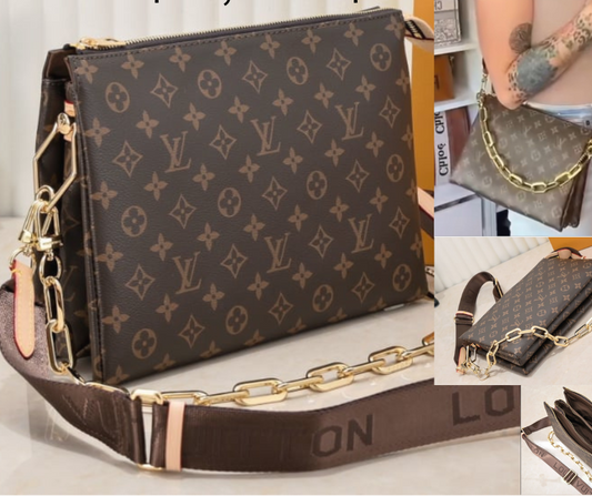 Chocolate Brown Monogram Crossbody Bag – Gold-Tone Chain & Wide Strap