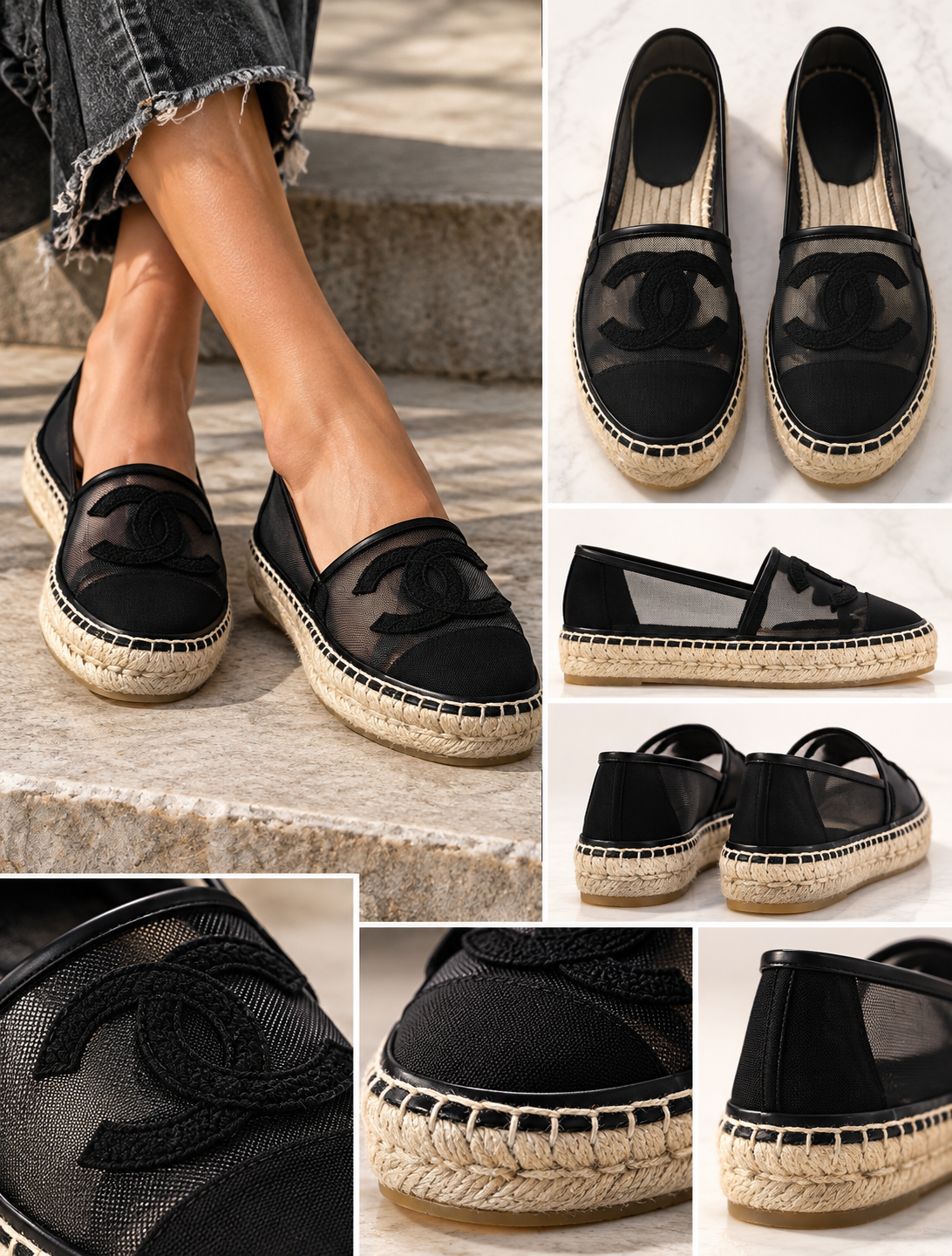 Black Sheer Mesh Espadrille Flats with Embroidered CC Logo & Braided Platform Sole