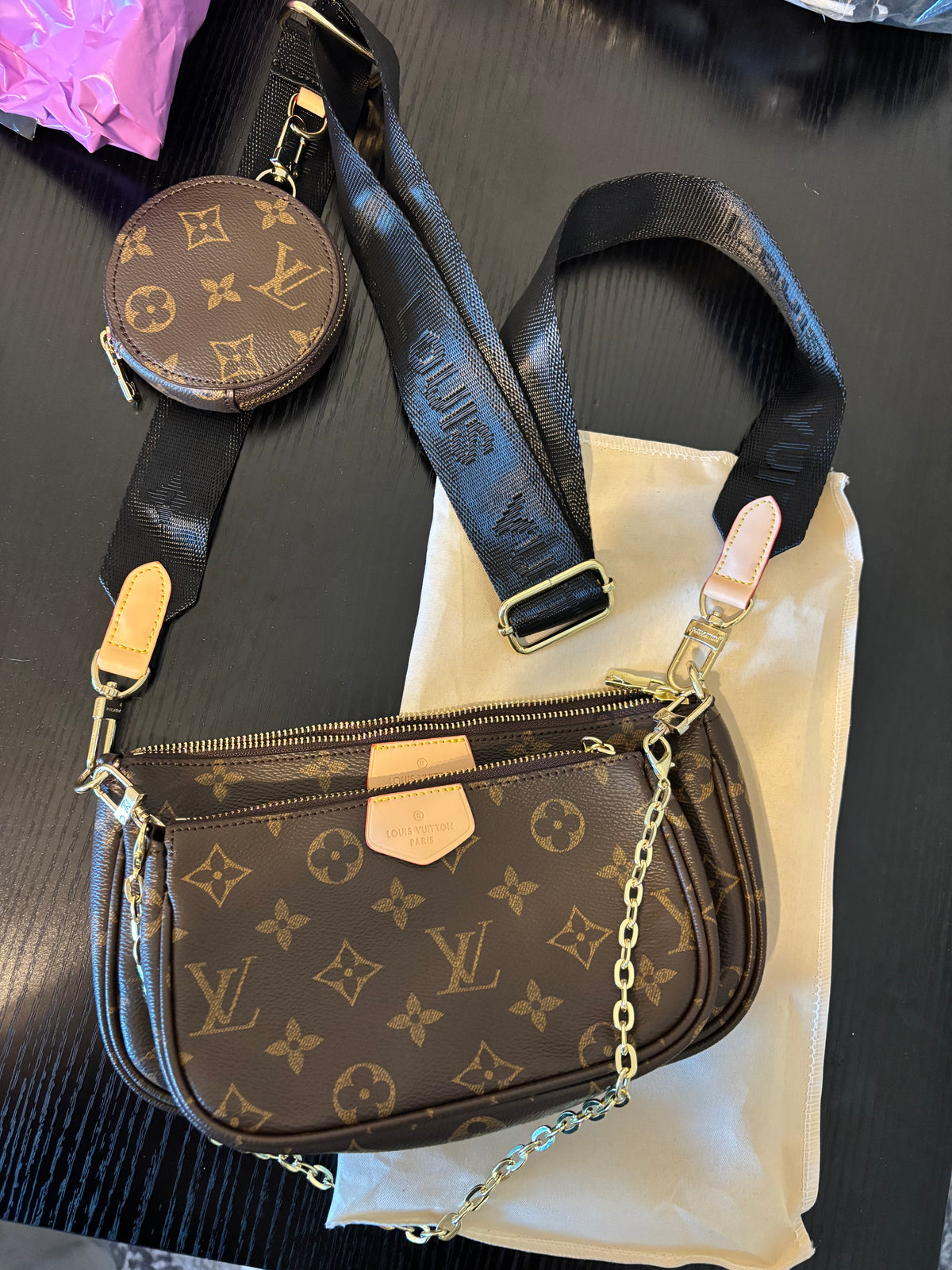 Monogram Triple-Zip Crossbody Bag with Matching Coin Pouch – Ready to Ship