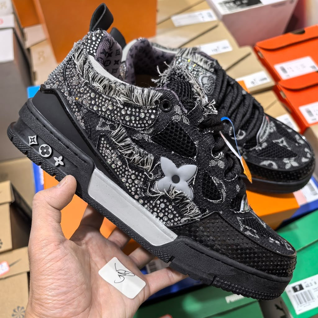 Rhinestone Monogram Chunky Sneakers – Black & Silver