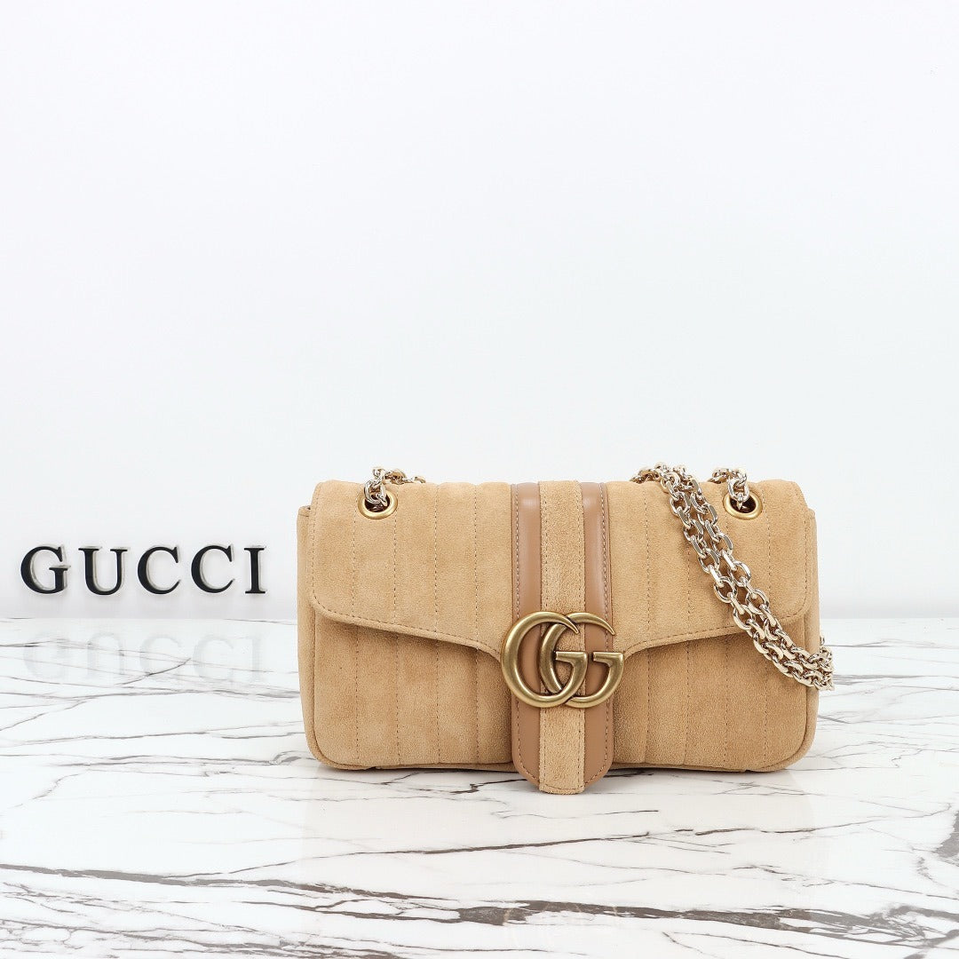Quilted Suede Shoulder Bag with Double-G Clasp and Chain Strap