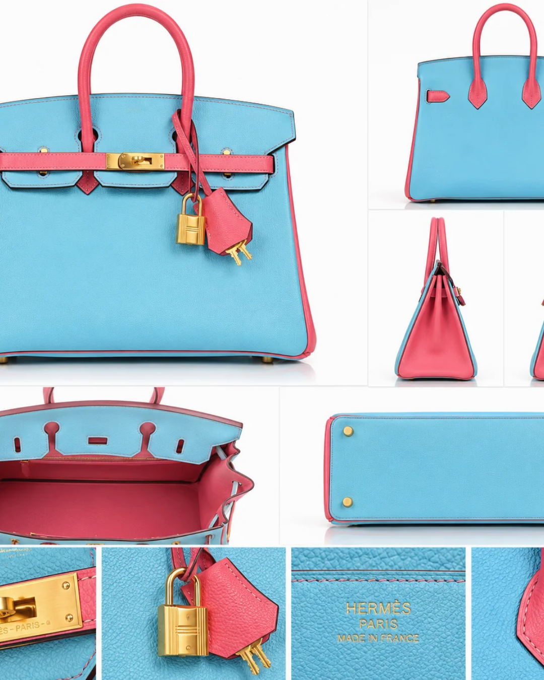 Celeste Blue & Rose Pink Leather Top Handle Satchel Bag with Gold Hardware