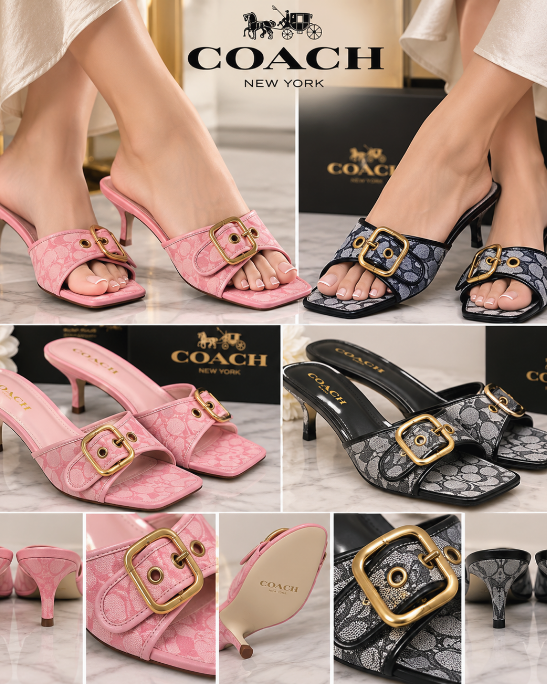 Monogram Gold Buckle Square Toe Kitten Heel Mule Sandals – Pink & Black