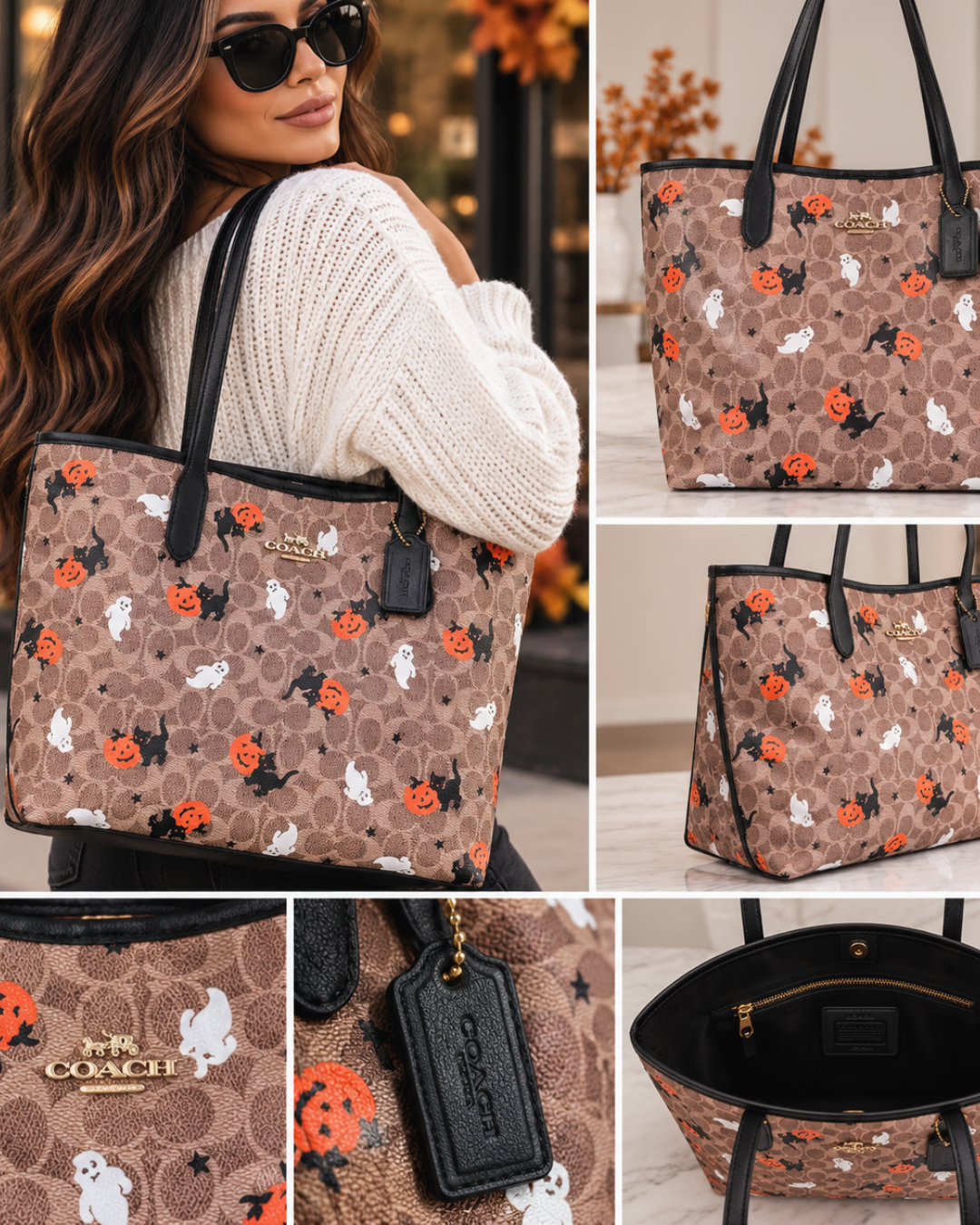 Coach Halloween Ghost, Pumpkin & Black Cat Tote Bag