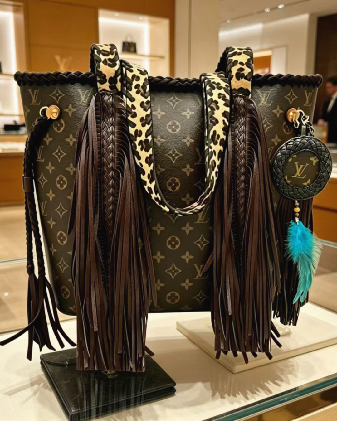 Monogram Leopard Fringe Tote Bag