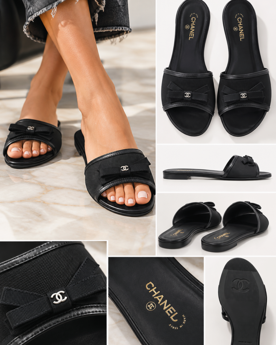 Black Bow Detail Slide Sandals – Open Toe Flat Mules