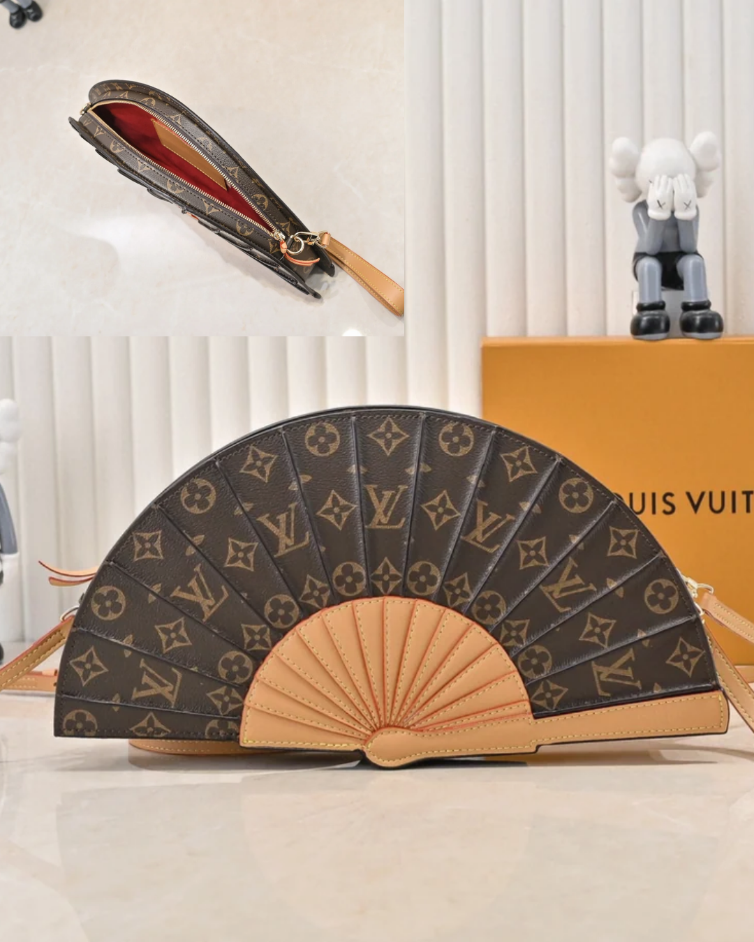 Monogram Folding Fan Clutch – Brown & Tan Leather-Trimmed Statement Accessory