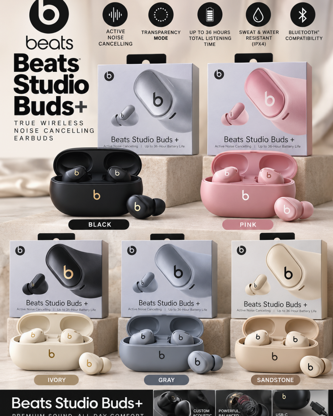 Studio Buds+ Style Wireless Bluetooth Earbuds | Noise Cancelling Headphones | Multiple Colors