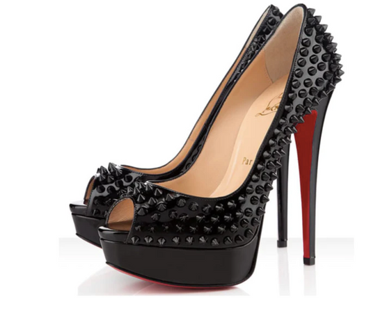 Black Spiked Patent Leather Peep Toe Platform Stiletto Heels