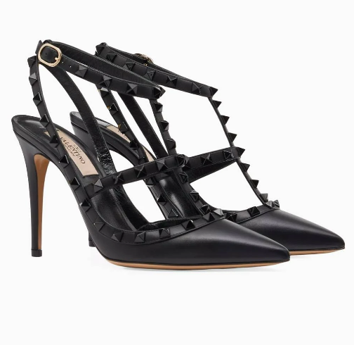 Black Studded Caged Pointed Toe Stiletto Heels