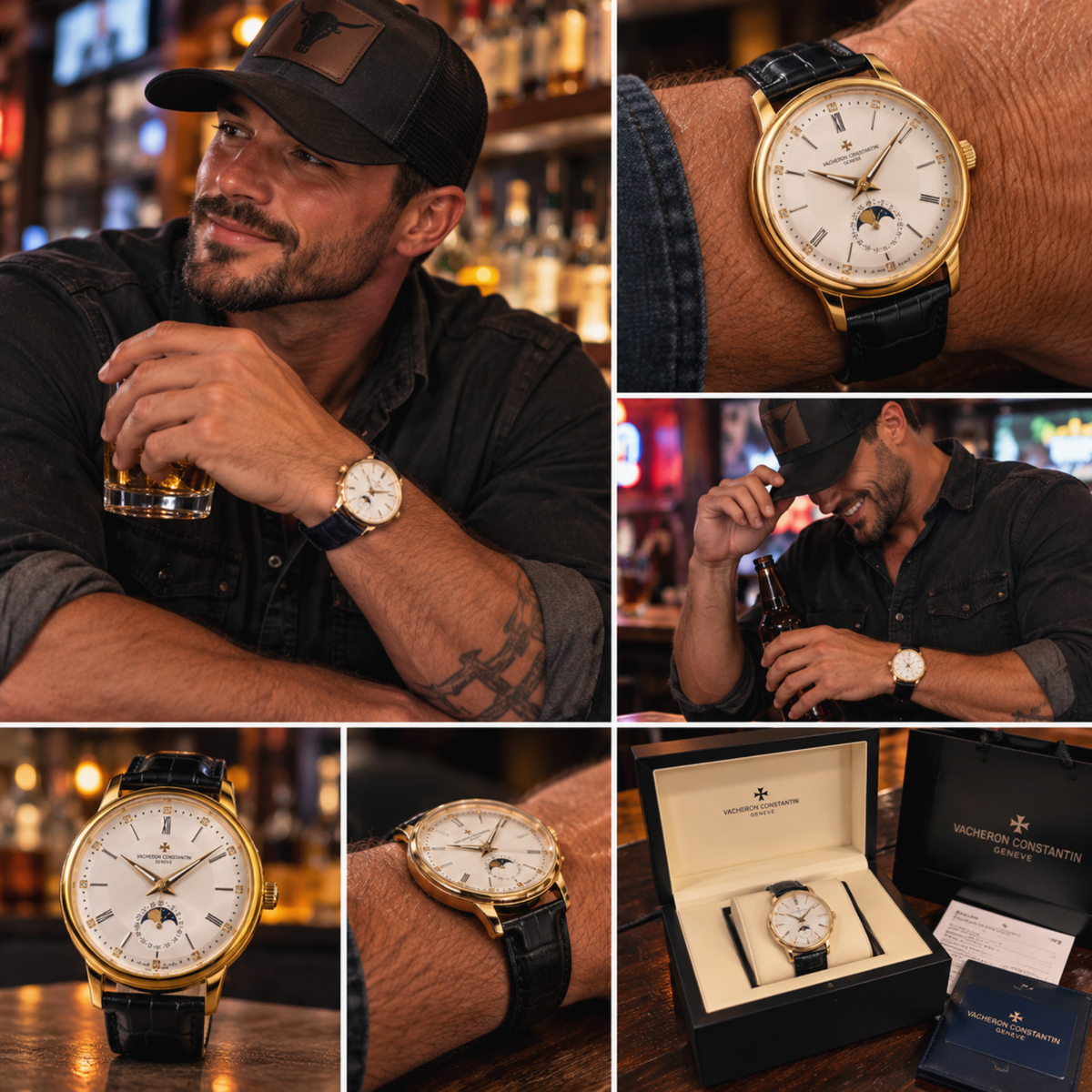 Gold-Tone Moonphase Watch with Black Leather Strap