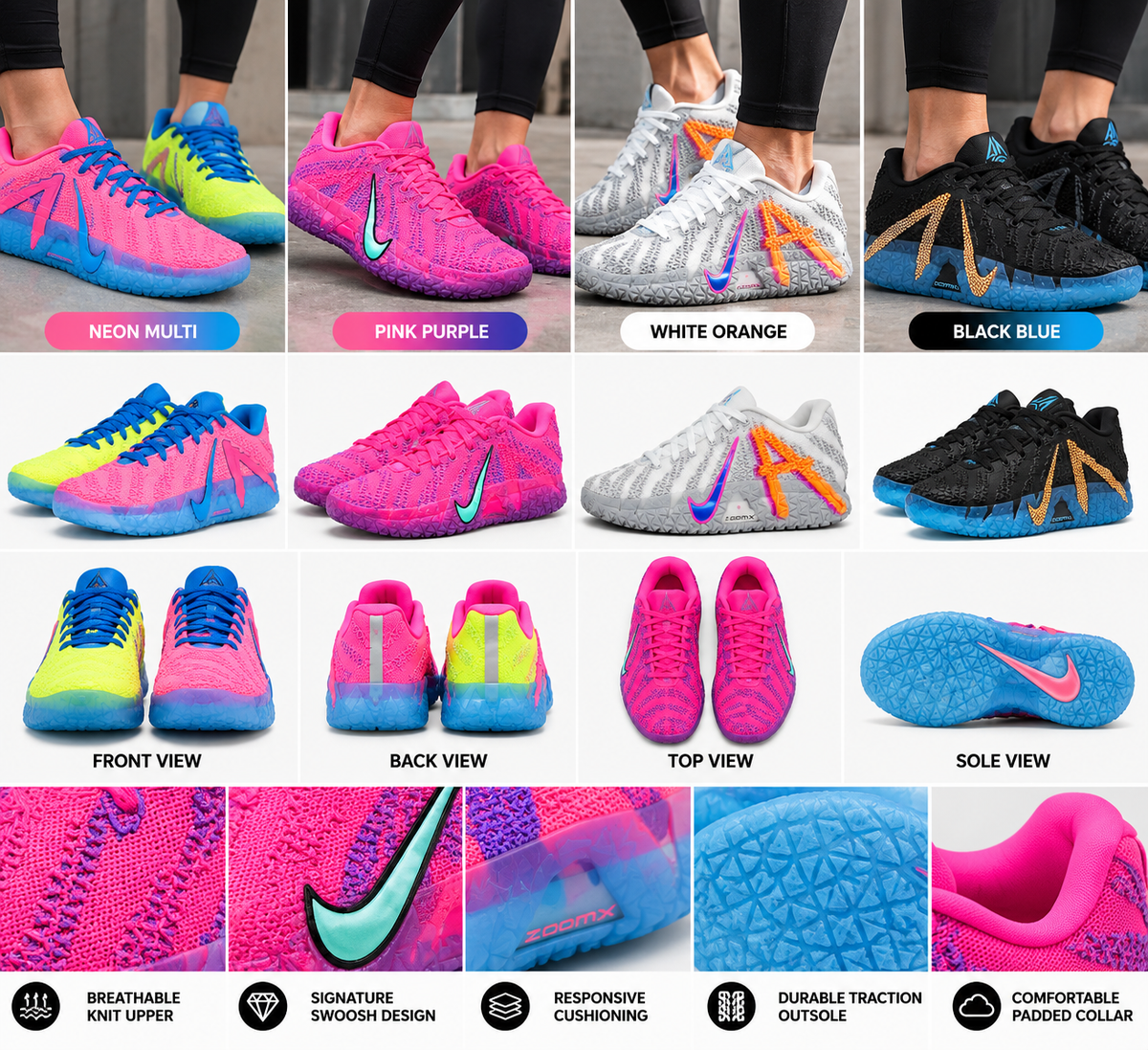Zoom Air Textured Low-Top Basketball Sneakers – Multiple Colors