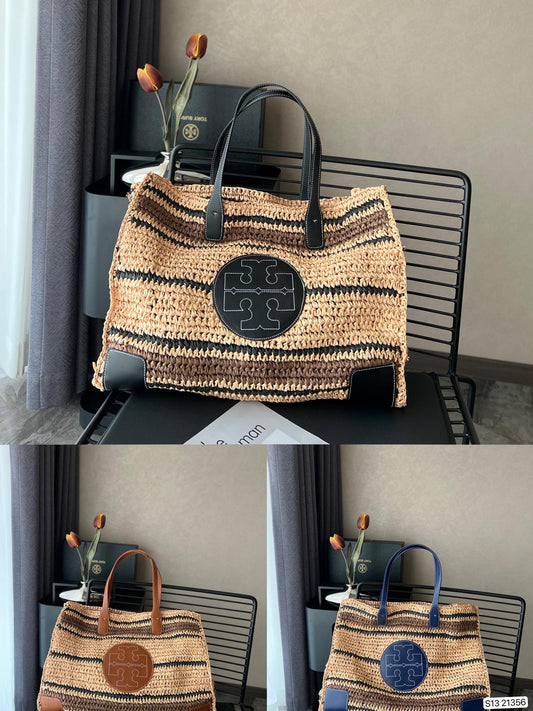Striped Woven Straw Tote Bag with Double Handles – 2 Colors