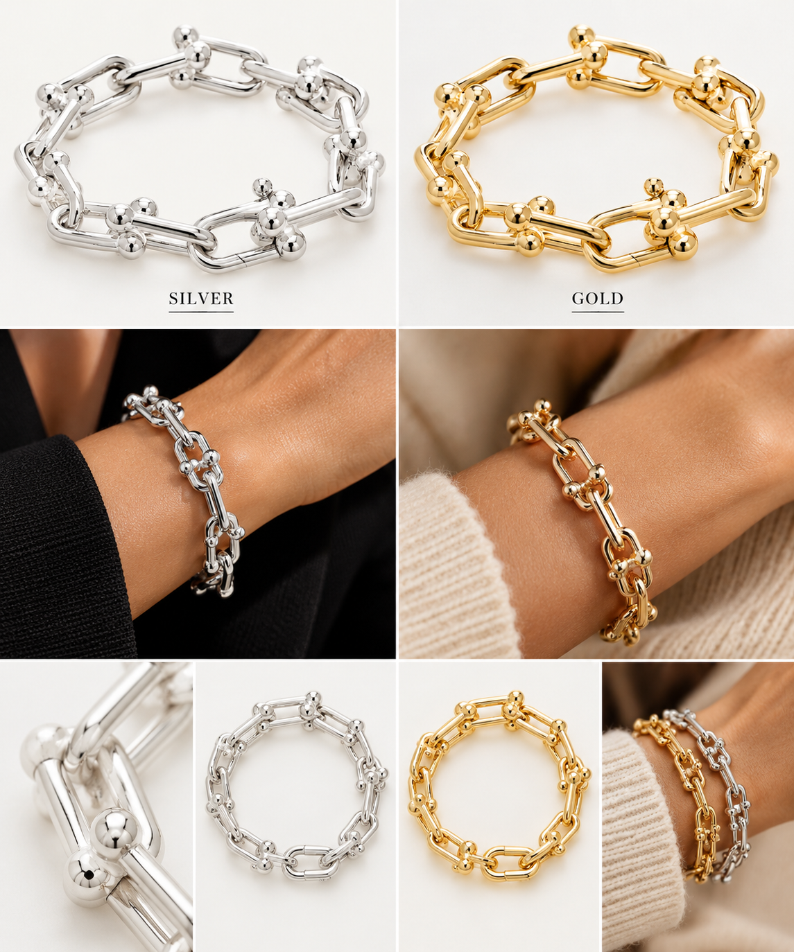 Polished Metal U-Link Chain Bracelet – Silver & Gold