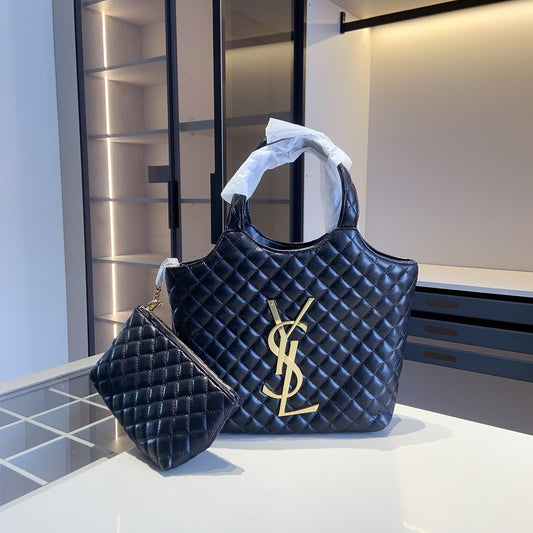 Black Quilted Tote Bag with Matching Pouch