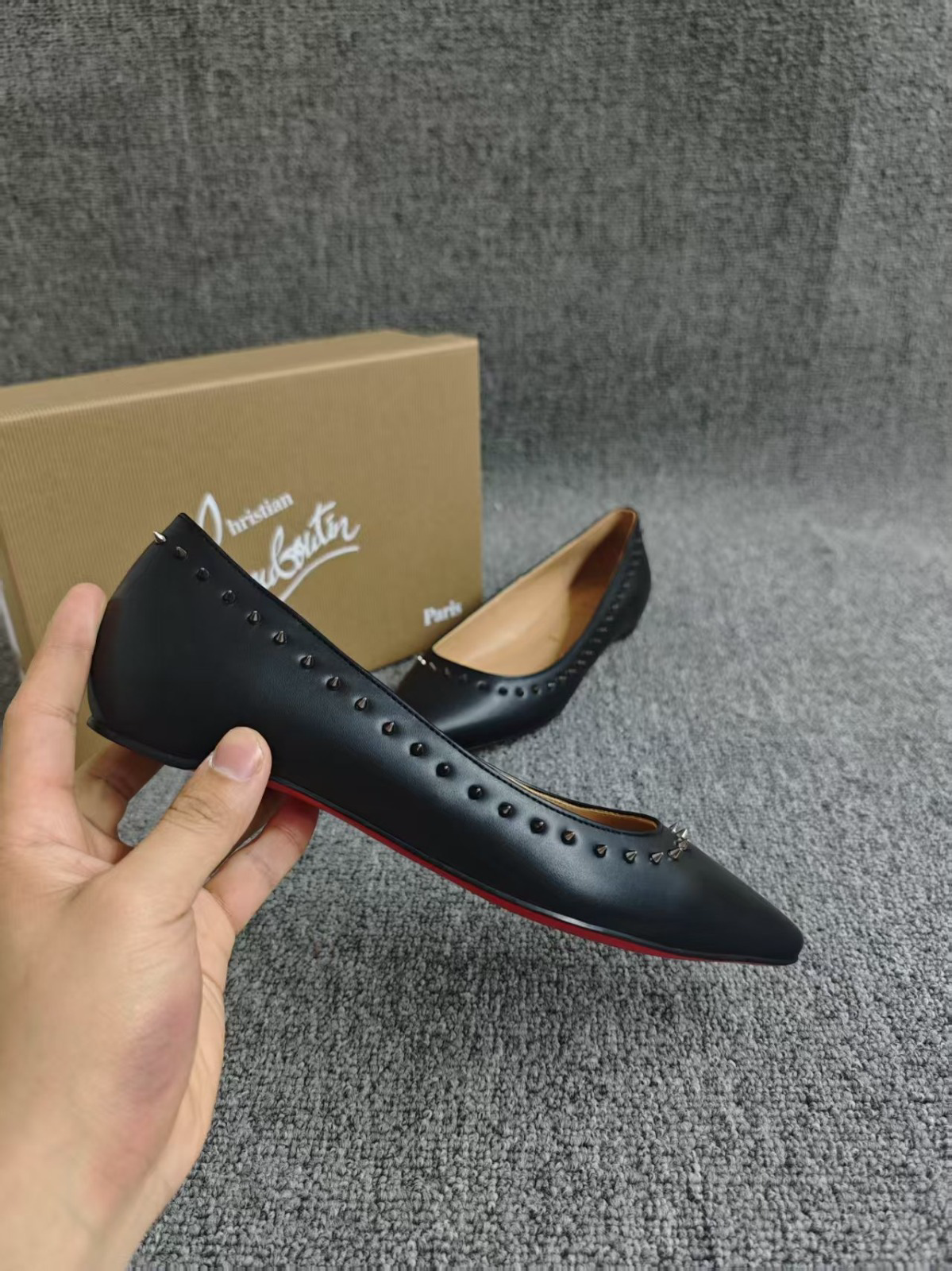 Black Leather Pointed Toe Spiked Studded Ballet Flats