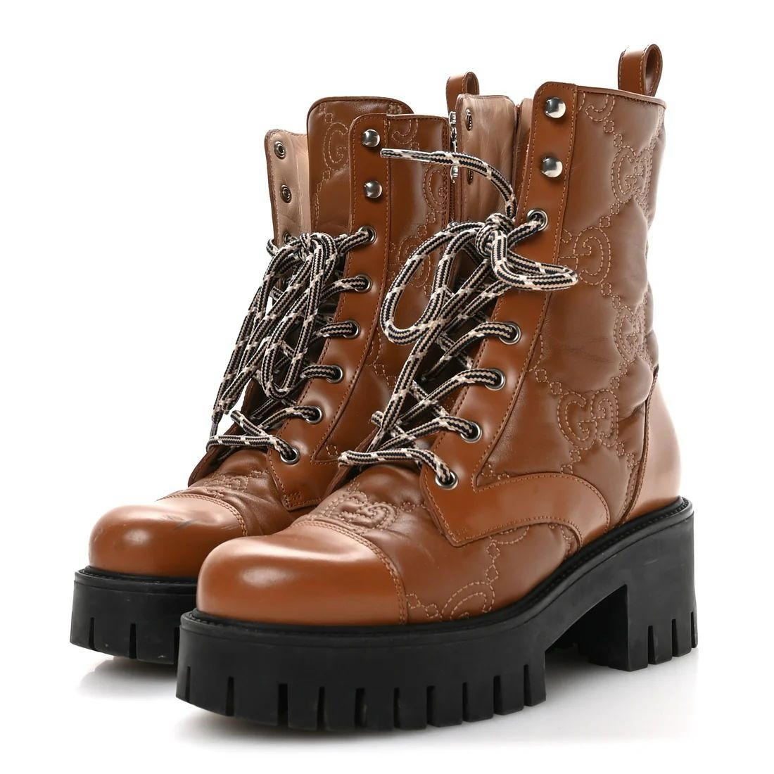 Women's Brown Monogram Lace-Up Combat Boots – Chunky Platform Lug Sole Ankle Boots