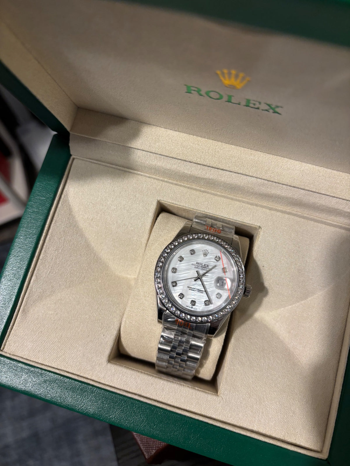 Stainless Steel Mother-of-Pearl Dial Watch with Crystal Bezel