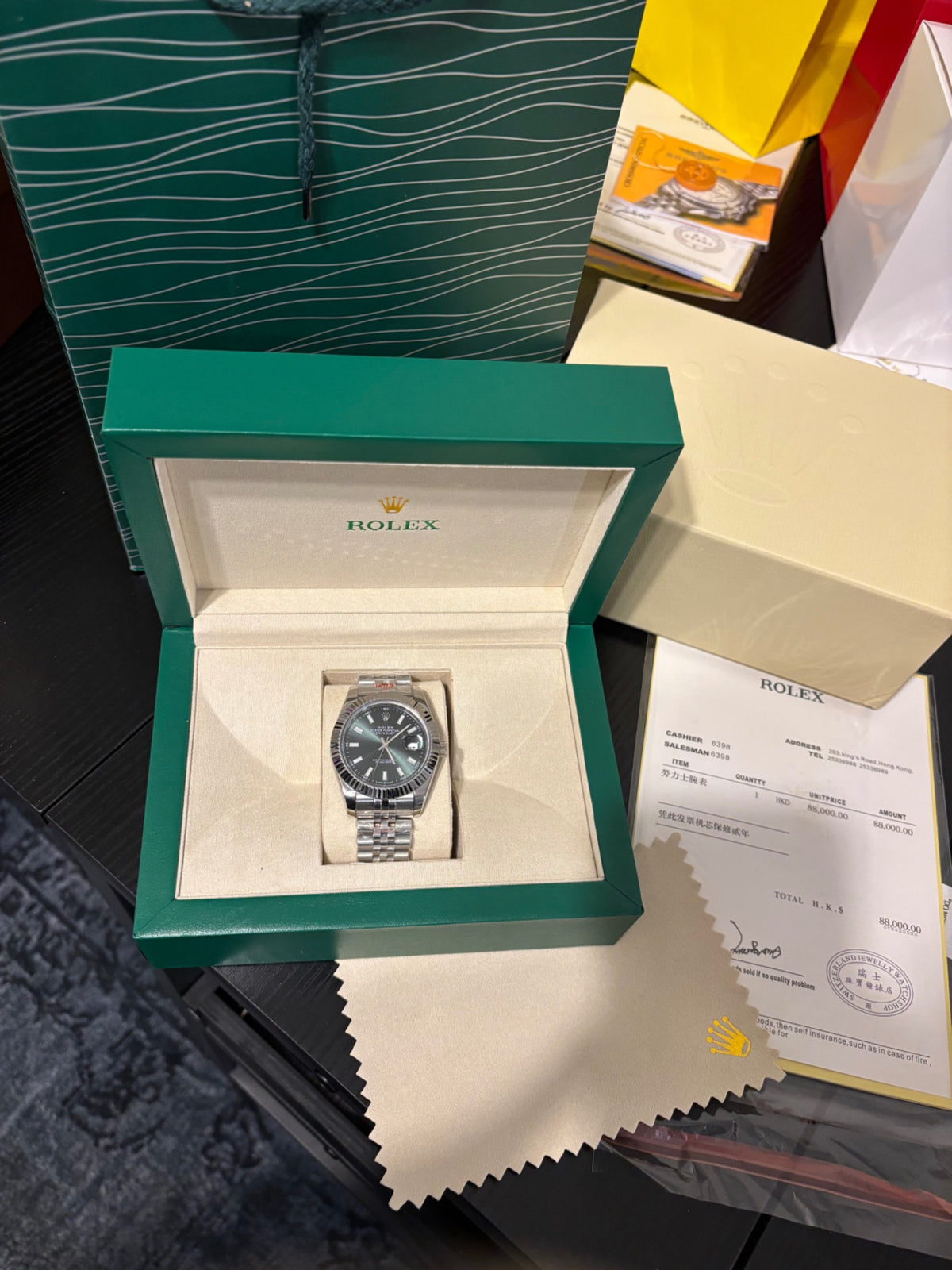 Stainless Steel Watch with Green Dial, Fluted Bezel and Date Display