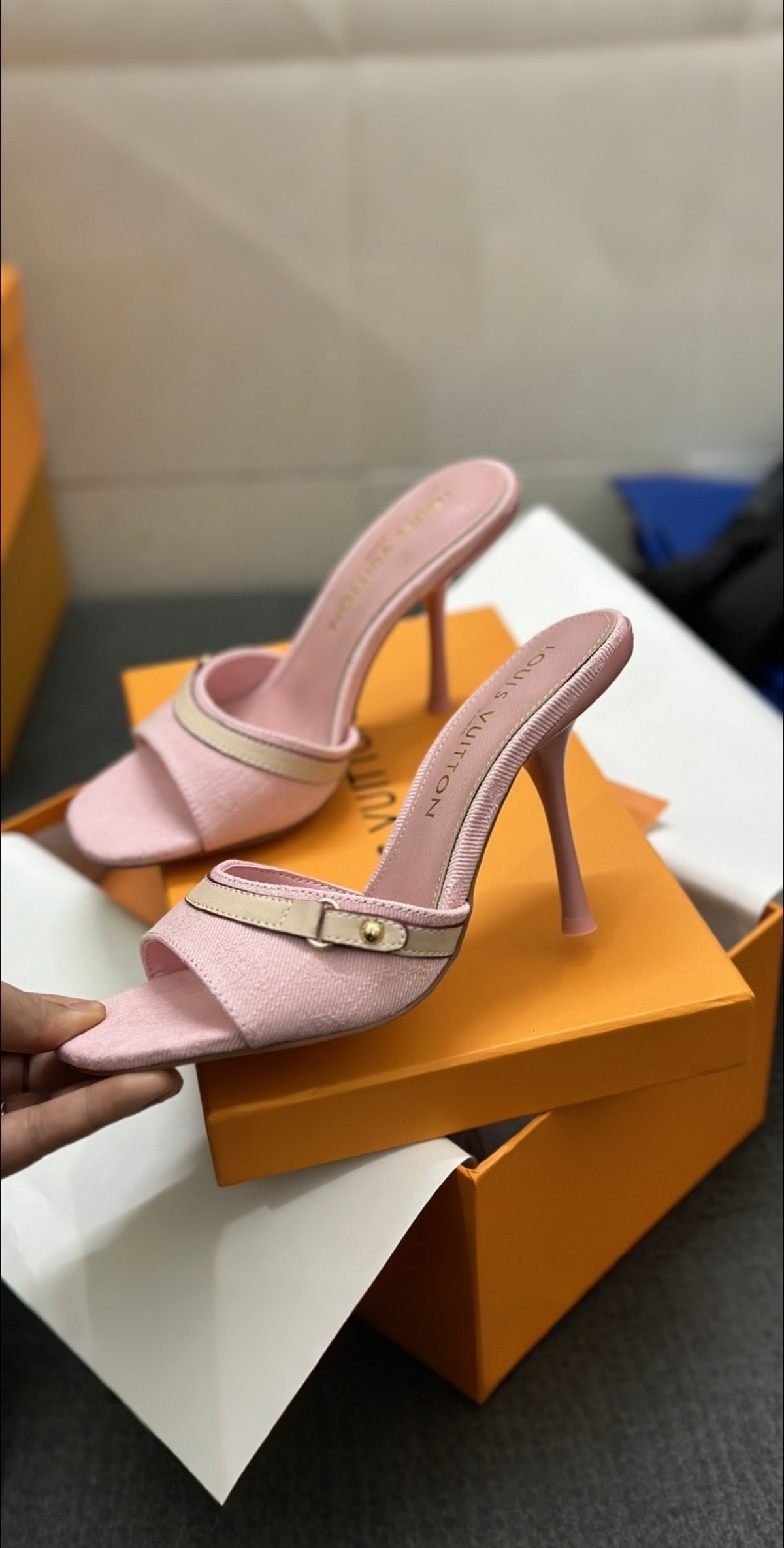 Blush Pink Open Toe Stiletto Heel Mules with Gold Buckle Detail