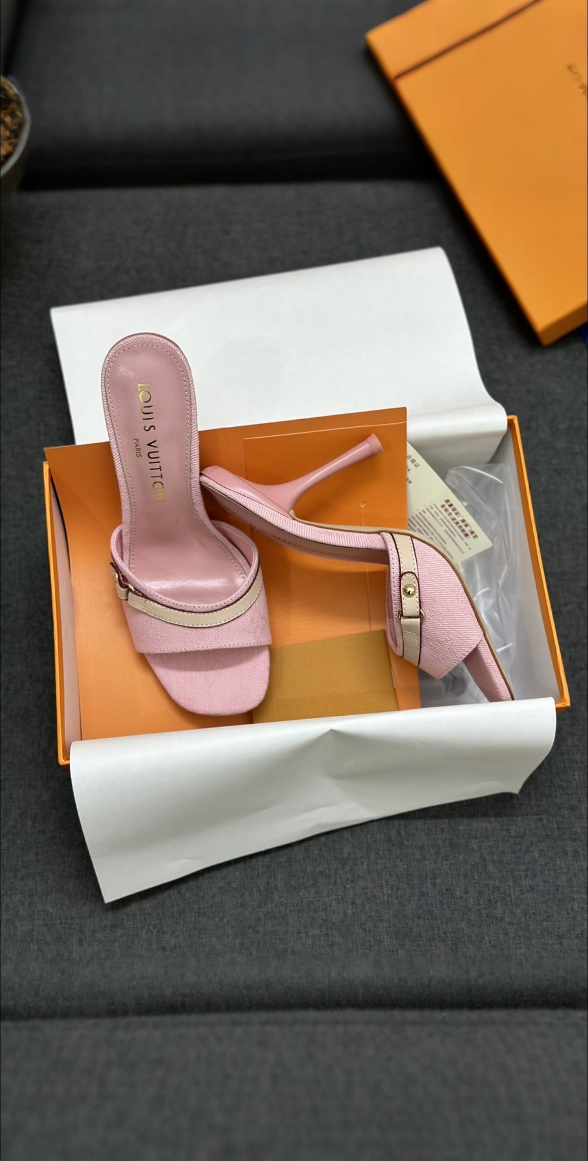 Blush Pink Open Toe Stiletto Heel Mules with Gold Buckle Detail