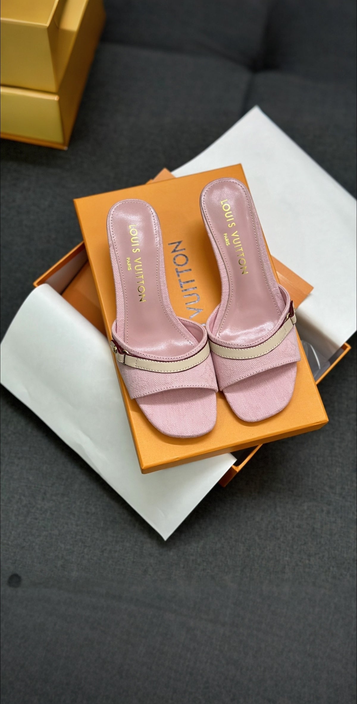 Blush Pink Open Toe Stiletto Heel Mules with Gold Buckle Detail