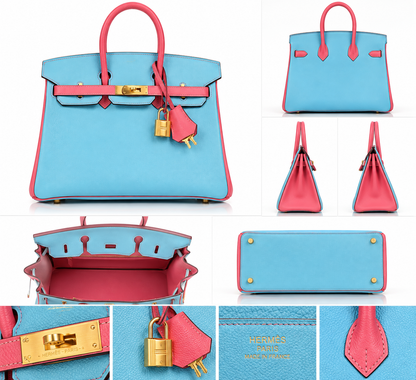 Celeste Blue & Rose Pink Leather Top Handle Satchel Bag with Gold Hardware