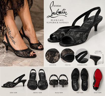 Black Floral Lace Open Toe Slingback Kitten Heel Sandals