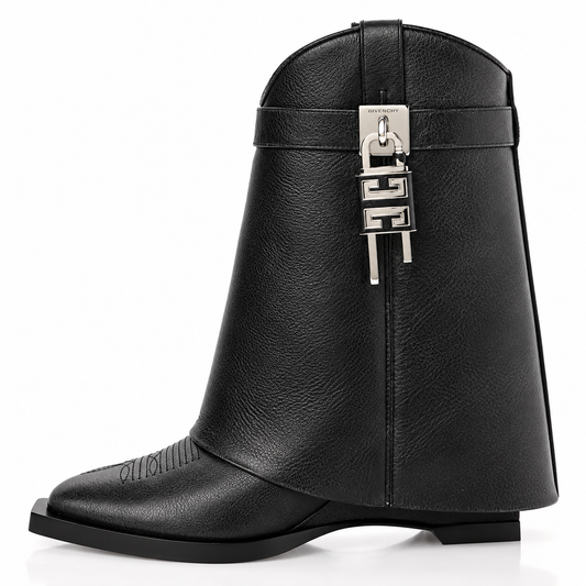 Black Leather Knee-High Western Boots – Silver-Tone Statement Hardware