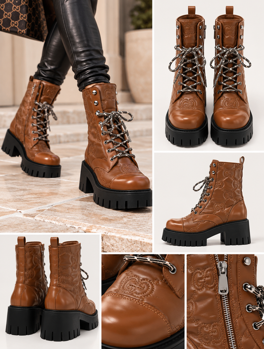 Women's Brown Monogram Lace-Up Combat Boots – Chunky Platform Lug Sole Ankle Boots