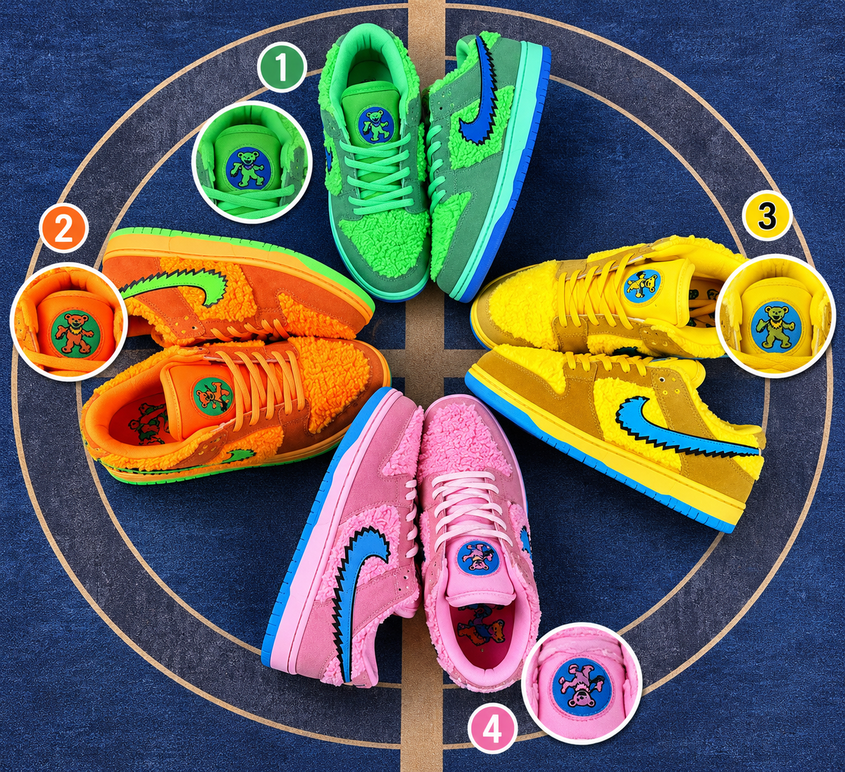 SB Dunk Low Grateful Dead Dancing Bears Inspired Fuzzy Sneakers – Multicolor Collection