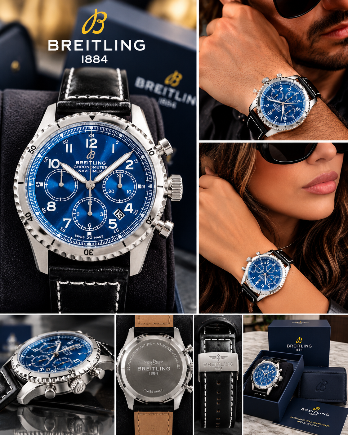 Blue Dial Chronograph Watch – Black Leather Strap