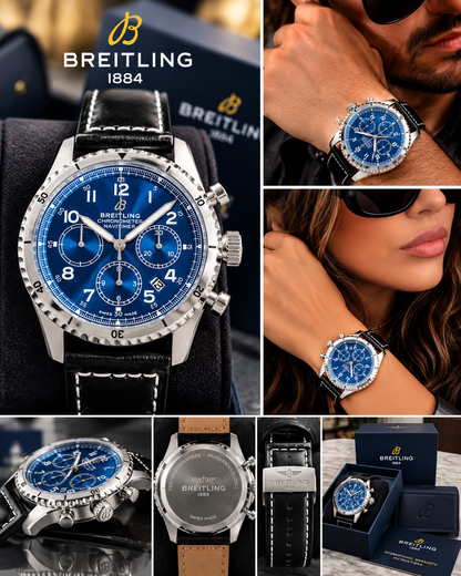 Blue Dial Chronograph Watch – Black Leather Strap