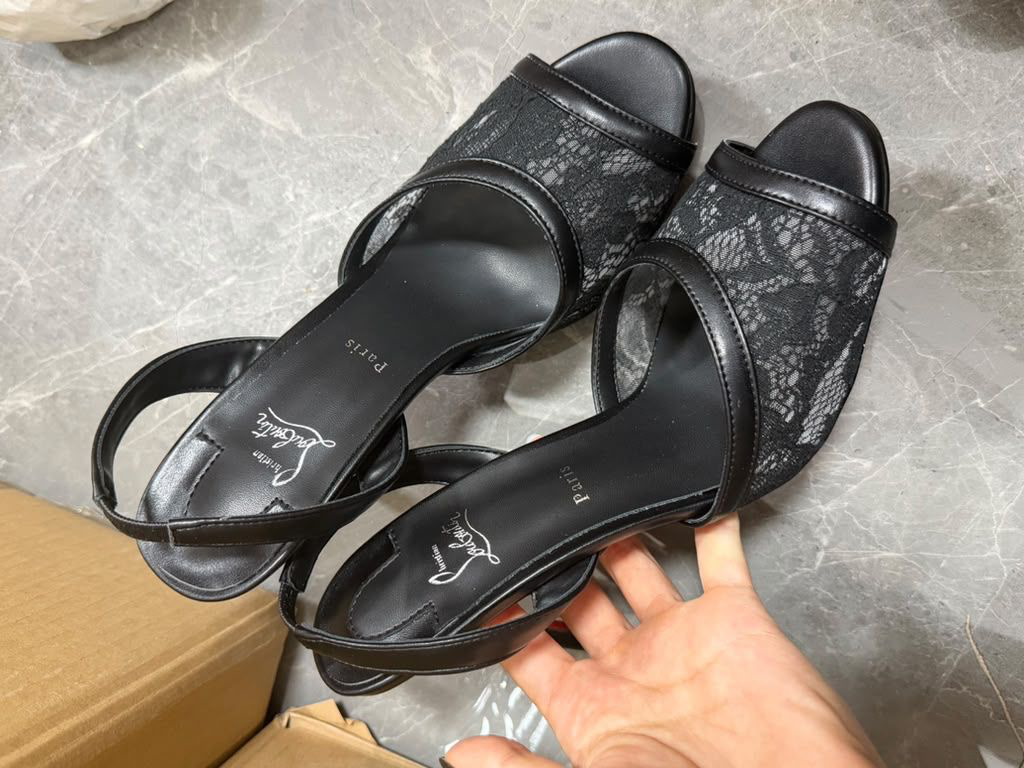 Black Floral Lace Open Toe Slingback Kitten Heel Sandals