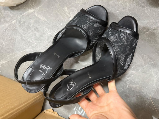 Black Floral Lace Open Toe Slingback Kitten Heel Sandals