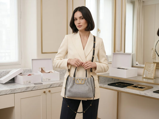 Woven Metallic V-Logo Mini Tote Bag