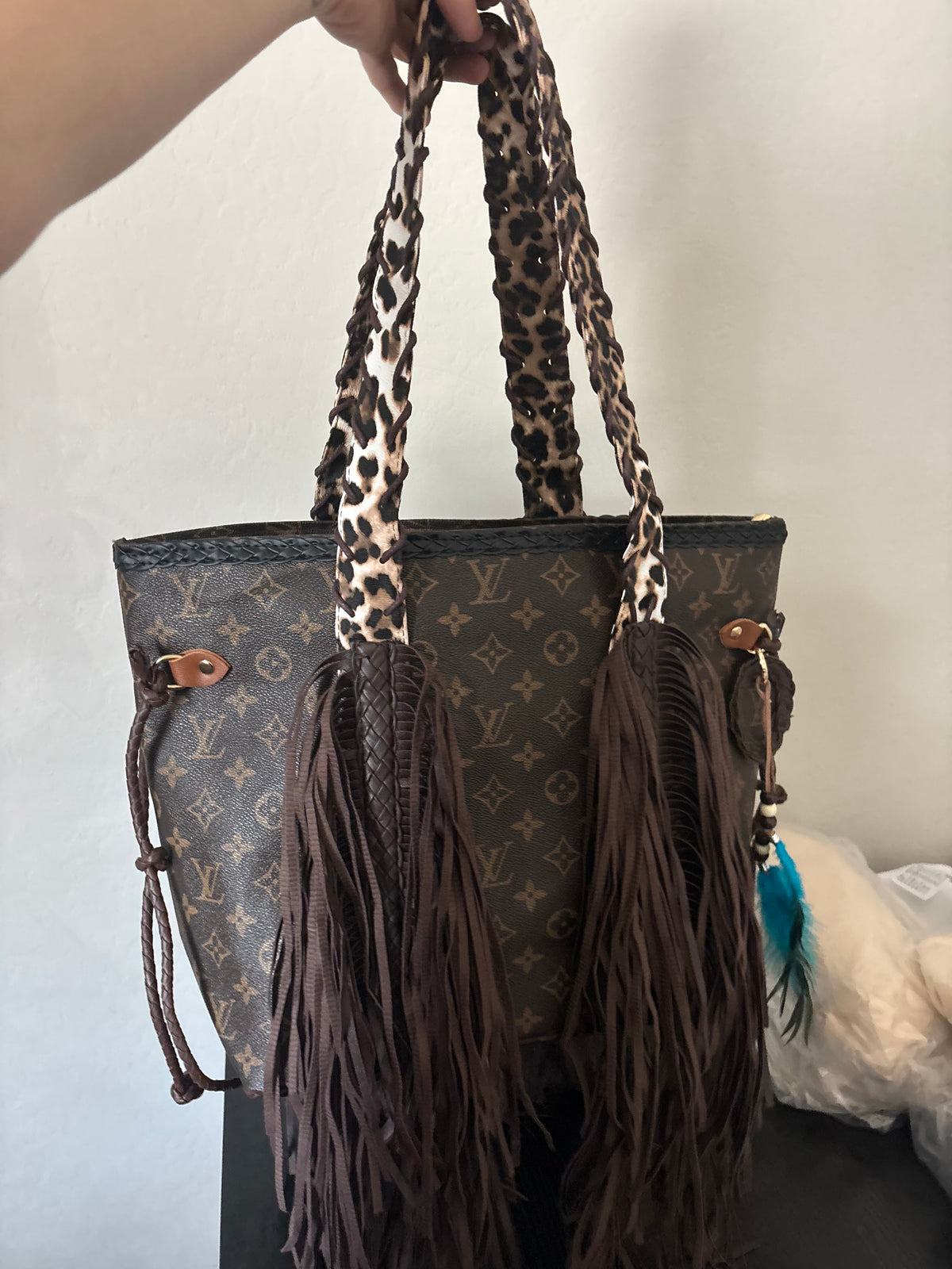 Monogram Leopard Fringe Tote Bag
