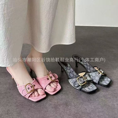 Monogram Gold Buckle Square Toe Kitten Heel Mule Sandals – Pink & Black