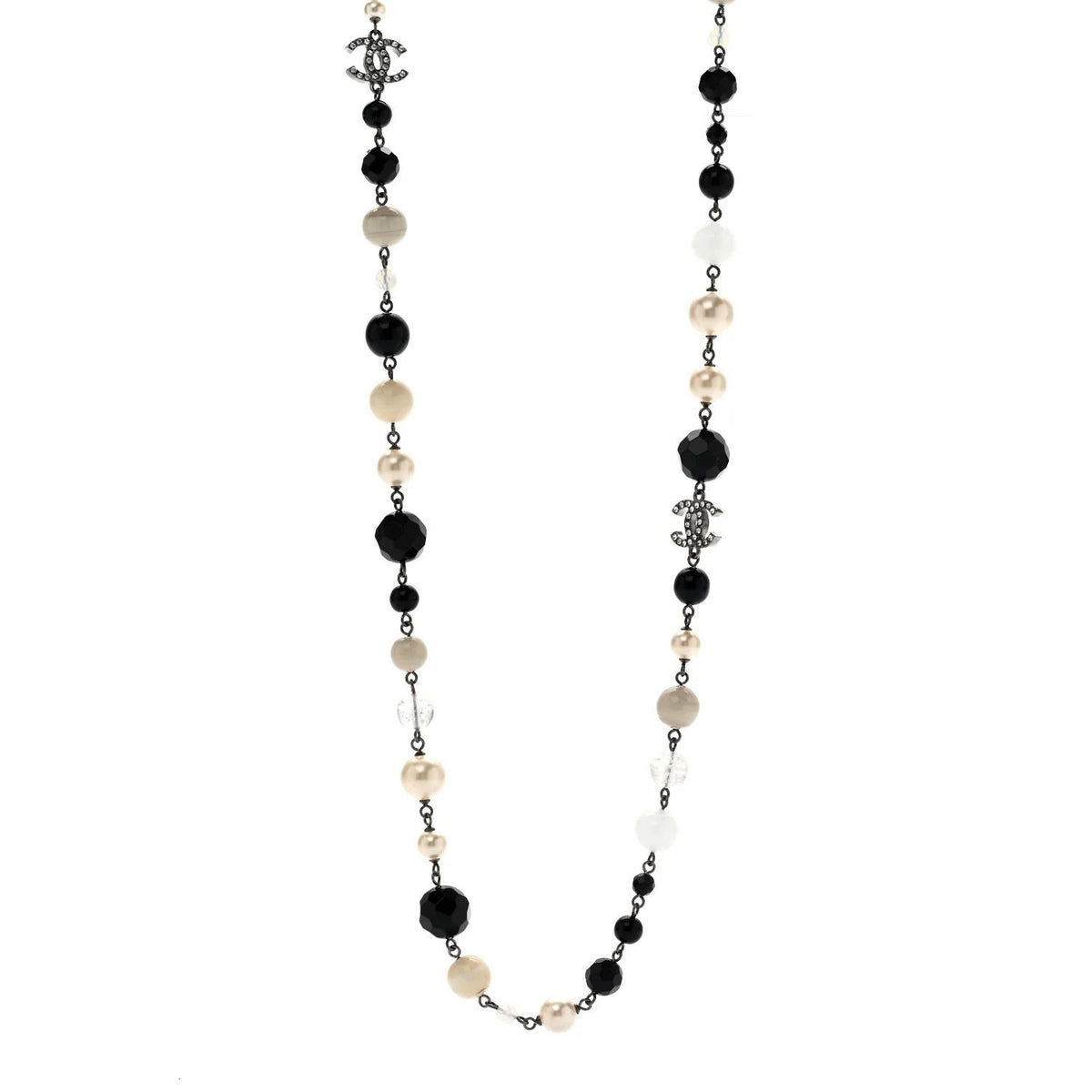 Black & Ivory Pearl Beaded Long Necklace with Crystal Accents