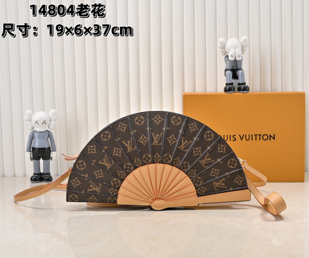 Monogram Folding Fan Clutch – Brown & Tan Leather-Trimmed Statement Accessory