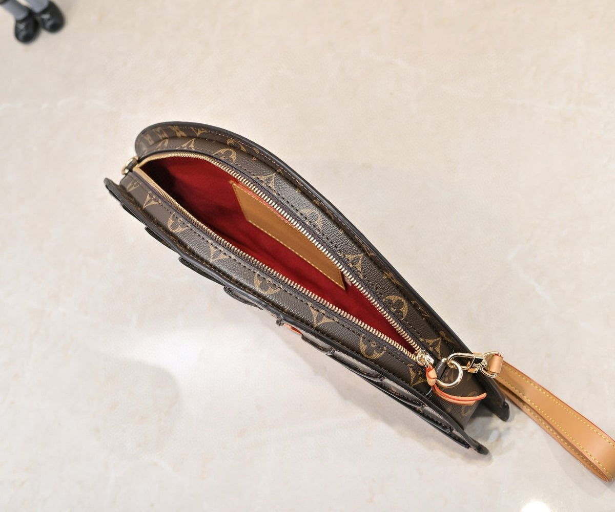 Monogram Folding Fan Clutch – Brown & Tan Leather-Trimmed Statement Accessory