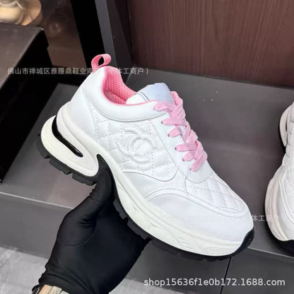White Quilted Chunky Sneakers with Pink Laces and Black Accents